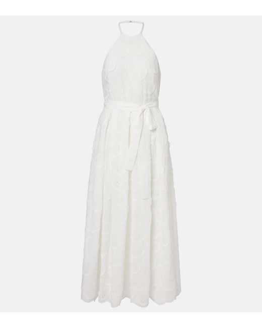 Elie Saab Women's White Embroidered Belted Cotton-Blend Midi Dress Elie Saab Women's White Embroidered Belted Cotton-Blend Midi Dress