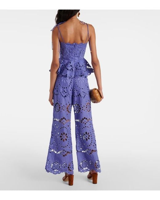 Zimmermann Blue Besticktes Top Pop Aus Leinen