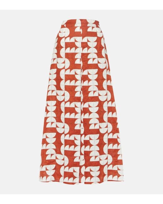 Max Mara Red Edile Printed Linen Midi Skirt