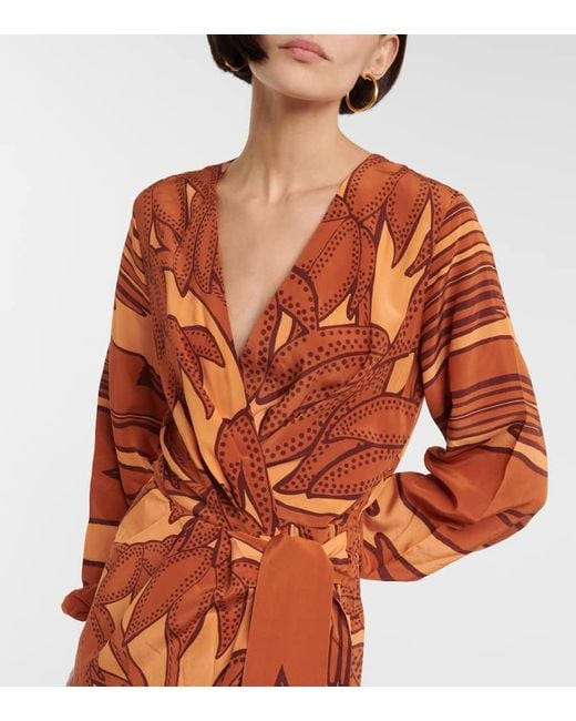 Johanna Ortiz Orange Sociedades Antiguas Printed Silk Crepe De Chine Midi Wrap Dress