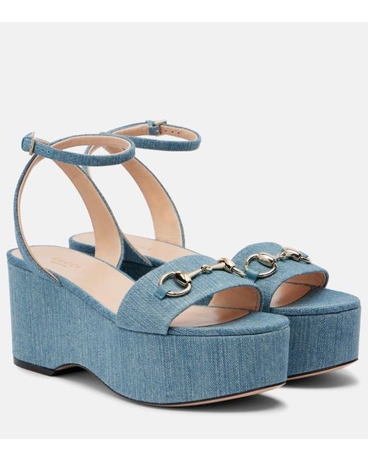 Gucci Blue Horsebit Denim Platform Sandals