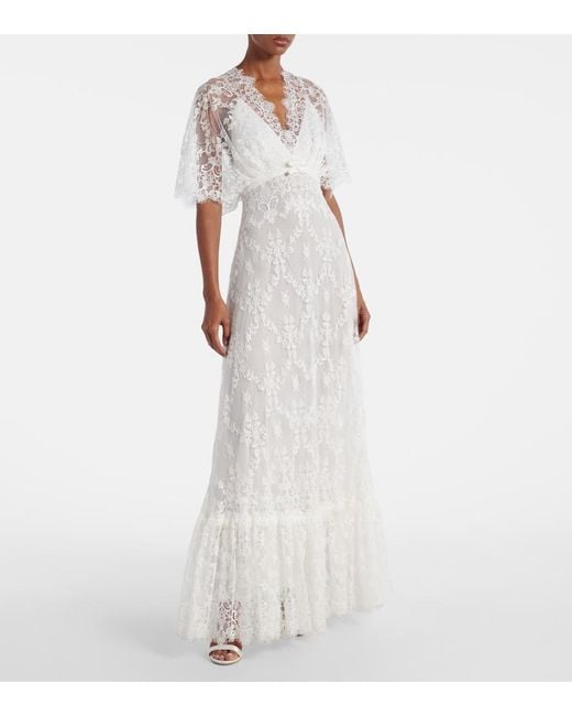 Elie Saab White Embroidered Cotton-Blend Lace Gown
