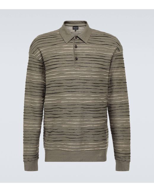 Giorgio Armani Gray Intarsia Linen-blend Polo Sweater for men