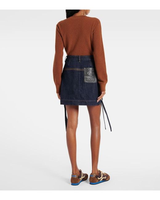 Loewe Blue Anagram Leather-Trimmed Denim Miniskirt