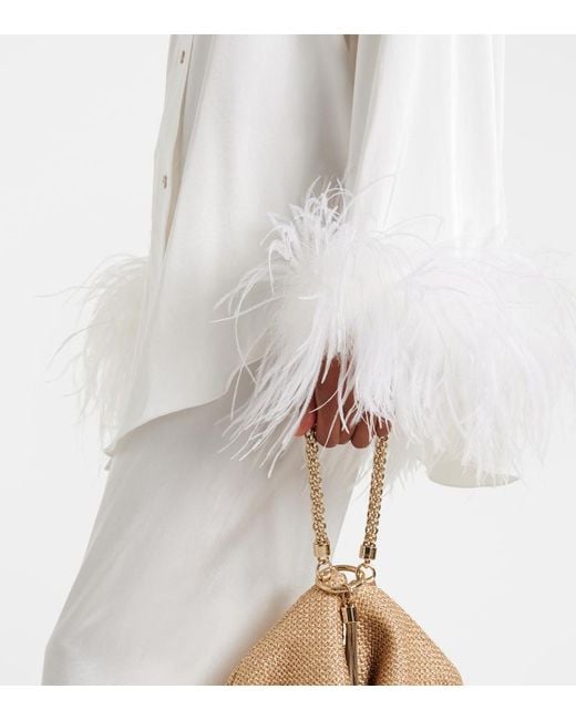 Oseree White Bridal Feather-Trimmed Satin Shirt