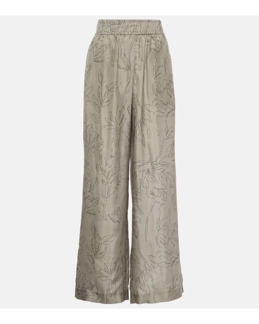 Brunello Cucinelli Gray Floral Silk Wide-leg Pants