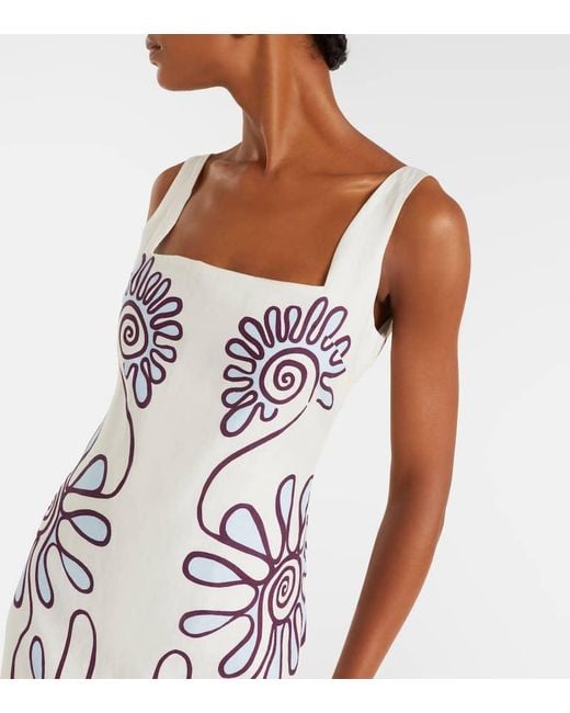 Cala De La Cruz White Bedrucktes Midikleid Amaranta Aus Leinen