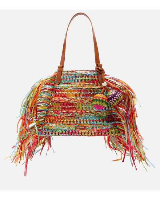 Aquazzura Red Trancoso Fringed Raffia Tote Bag