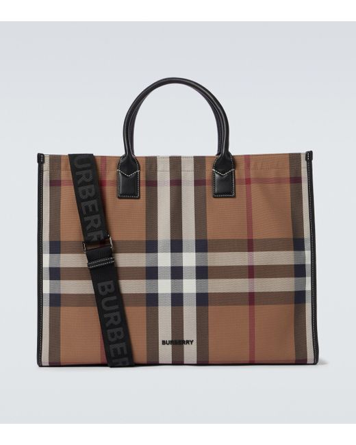 Burberry Brown Denny Checked Tote Bag for men