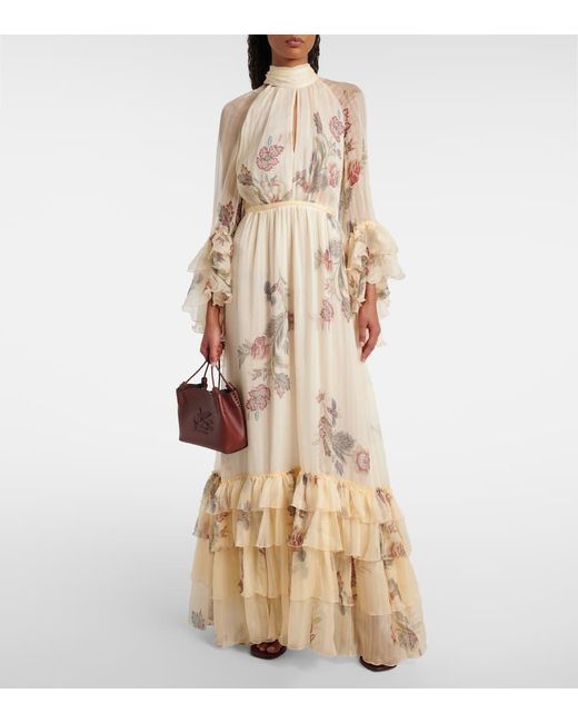 Robe Longue En Crepe De Soie A Fleurs Etro en coloris Natural