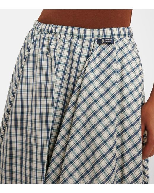 Prada Blue Checked Cotton-Blend Chambray Midi Skirt