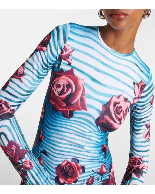 Jean Paul Gaultier Blue Flower-Print Slim-Fit Stretch-Woven Maxi Dress