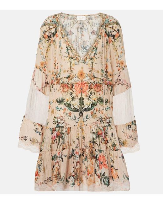 Vestido corto de crepe de seda floral Camilla de color Natural