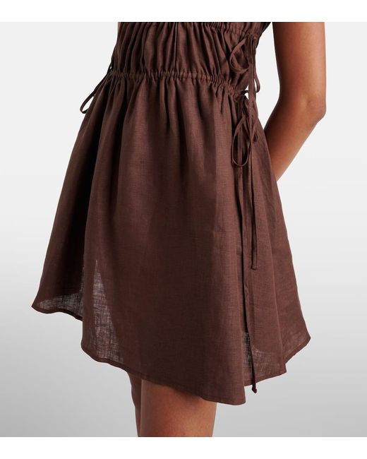 Asceno Brown Gathered Linen Minidress