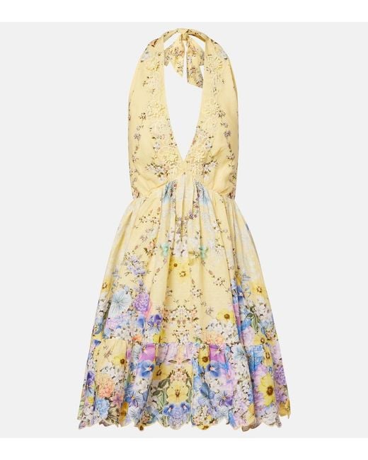 Camilla Metallic Embellished Floral Halterneck Linen Minidress