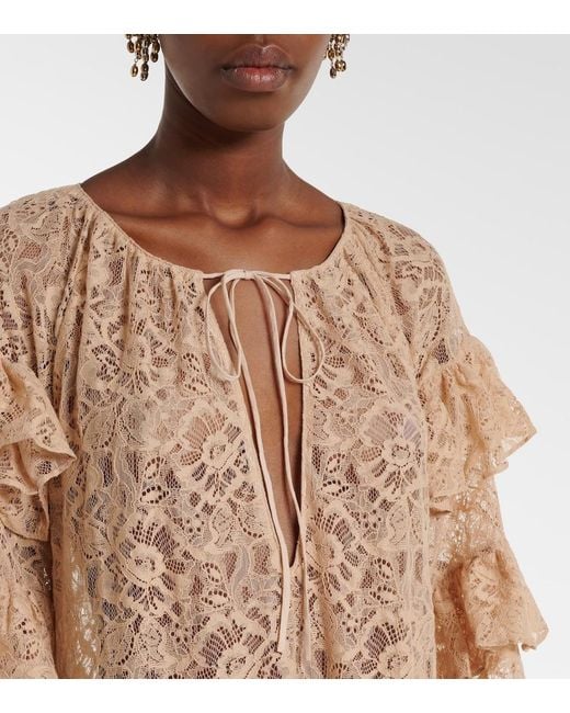 Adriana Degreas Natural Ruffled Lace Maxi Dress