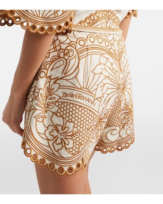 Zimmermann Natural Como Embroidered Cotton Shorts