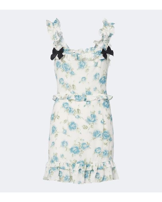 Alessandra Rich Blue Ruffled Floral Silk Crepe De Chine Minidress