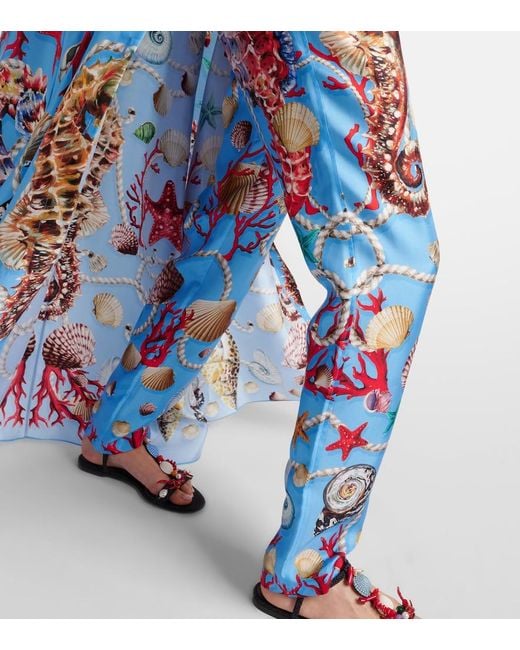 Dolce & Gabbana Blue Bedruckte Gerade Hose Capri Aus Seide
