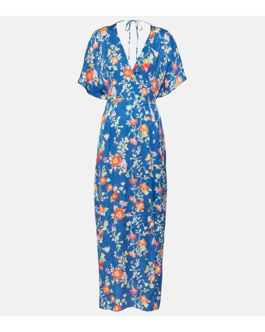 Rixo Blue Sadie Floral Satin Jacquard Midi Dress