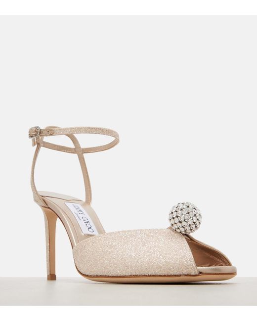 Jimmy Choo Natural Sacora 85 Glitter Peep-Toe Sandals