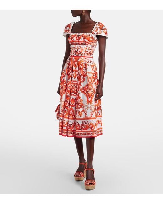 Dolce & Gabbana Red Majolica Printed Cotton Poplin Midi Dress