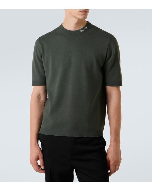 Gucci Green Silk Cotton Knit T-Shirt With Intarsia for men