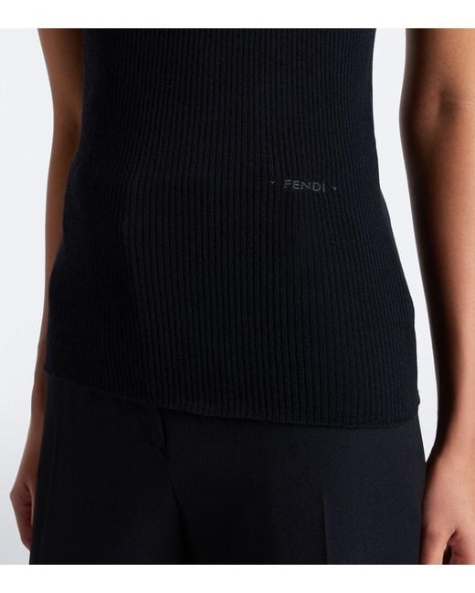 Fendi Black Ribbed-Knit Wool-Blend Polo Shirt