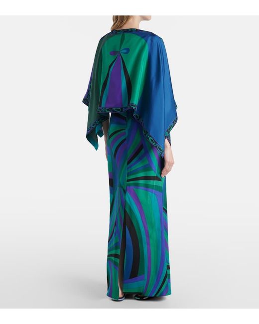 Emilio Pucci Blue Layered Printed Silk-Twill Maxi Dress