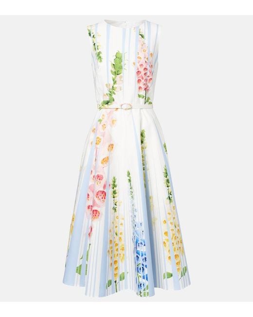 Oscar de la Renta Blue Floral Trompe L'Oil Cotton-Blend Midi Dress