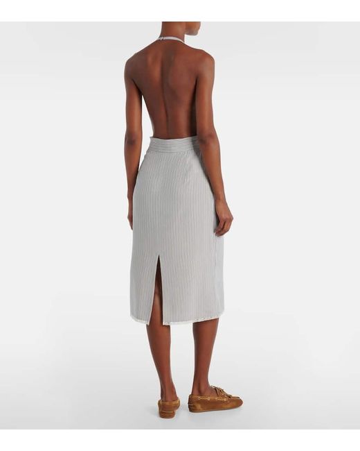 Miu Miu White Striped Silk Crepe De Chine Midi Dress