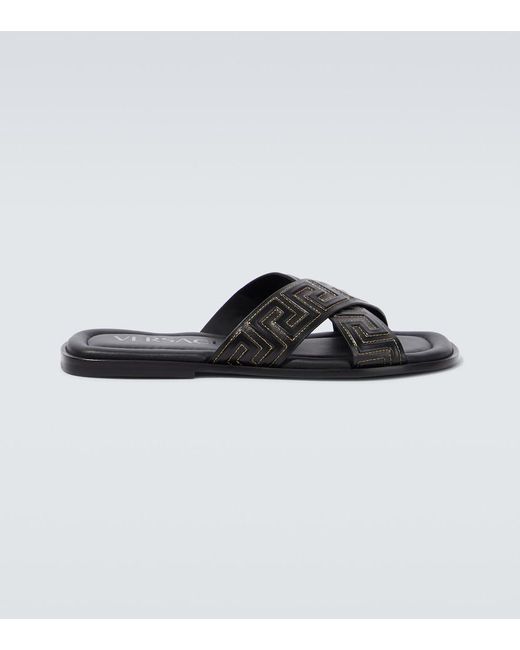 Versace Brown Greca Leather Slides for men