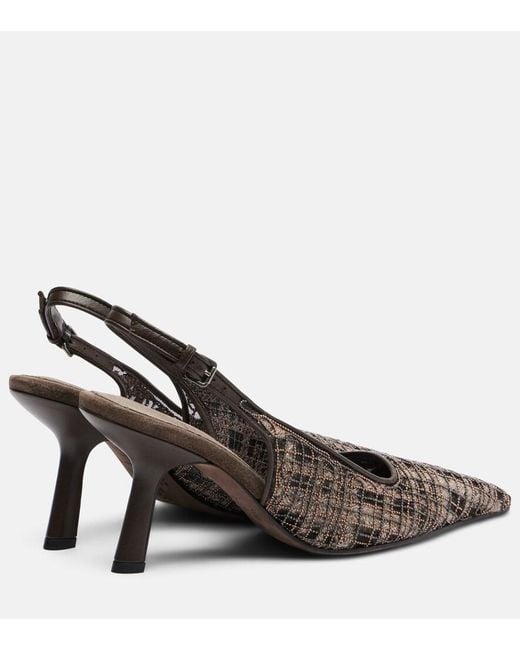 Brunello Cucinelli Brown Beaded Checked Leather-Trimmed Slingback Pumps
