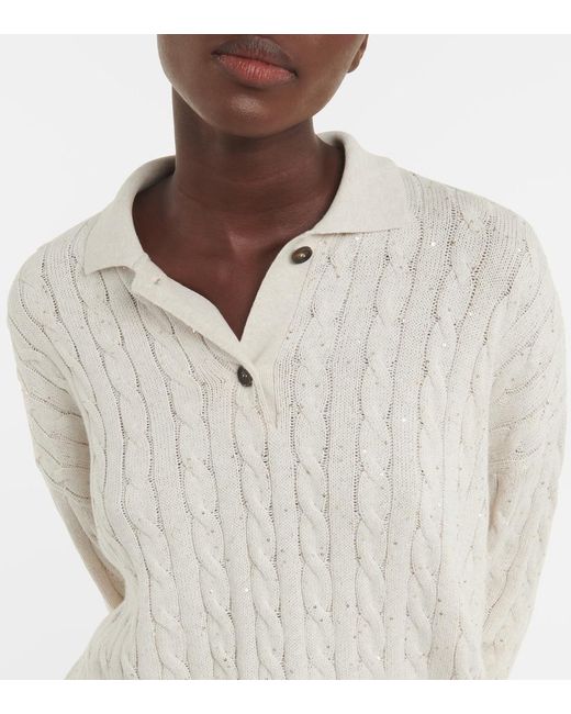 Brunello Cucinelli White Cable-Knit Cotton-Blend Polo Sweater