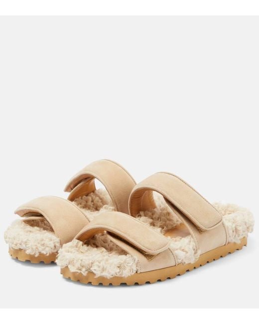 Gia Borghini Natural Alvine Suede And Shearling Slides