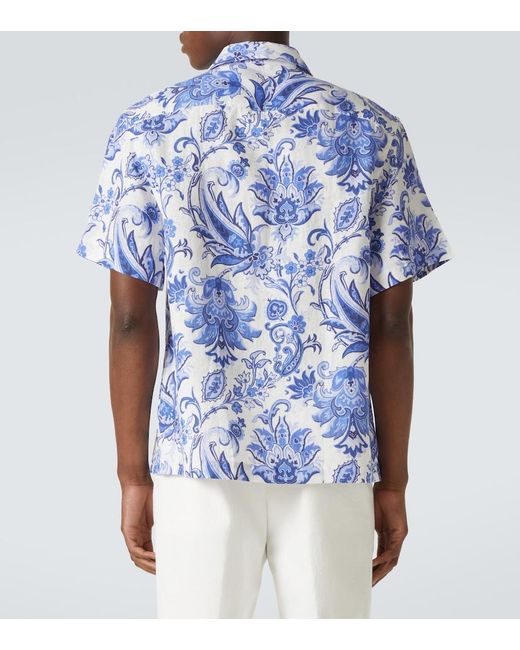 Etro Blue Paisley Linen Bowling Shirt for men