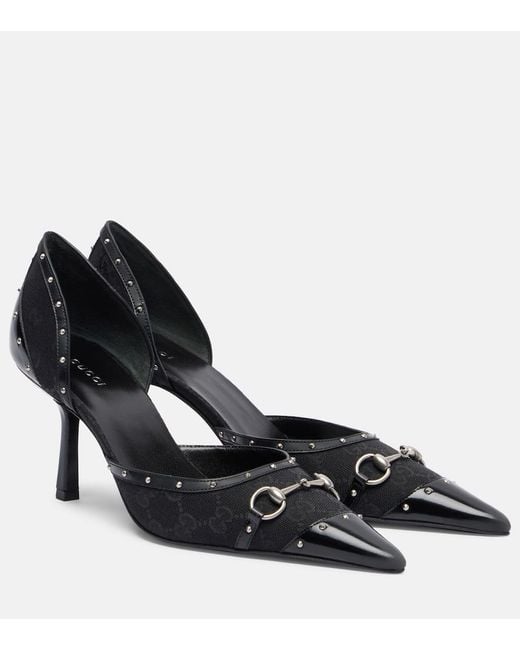 Gucci Black Savoy Horsebit Gg Canvas Pumps