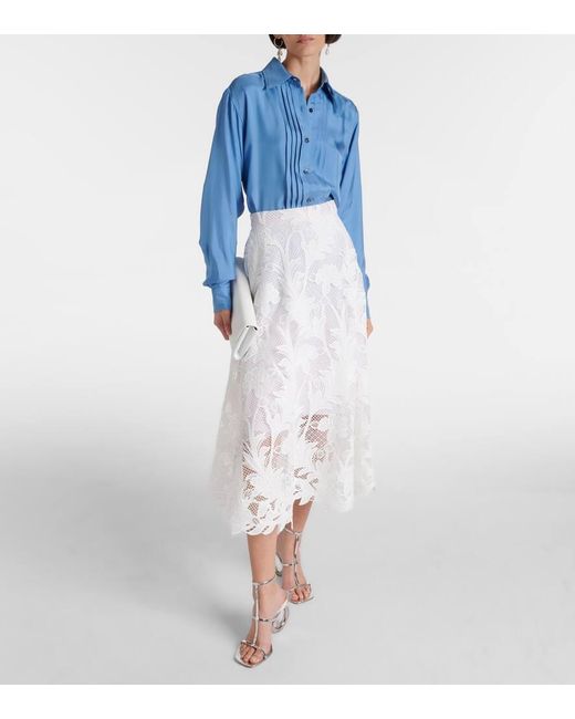 Oscar de la Renta White Floral Guipure Lace Midi Skirt