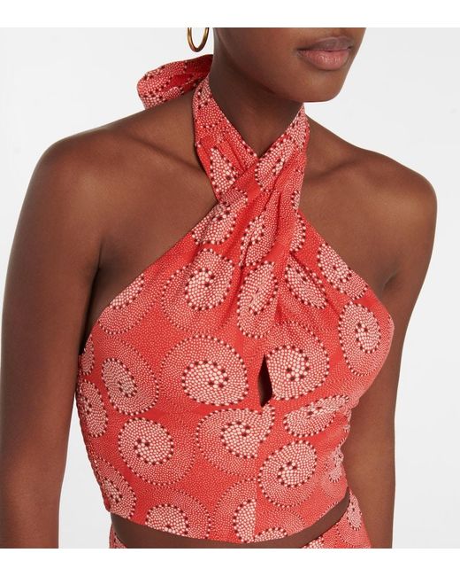 Staud Red Kai Printed Halterneck Crop Top