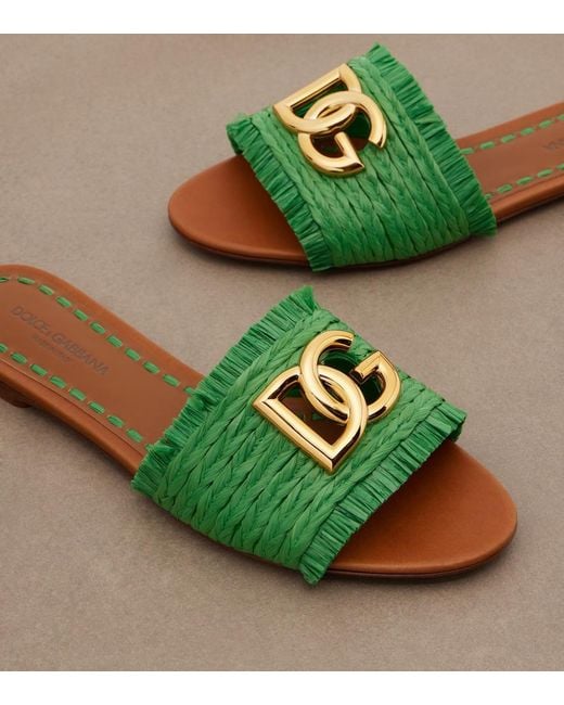 Dolce & Gabbana Green Dg Fringed Raffia-Effect Slides
