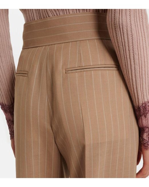 Valentino Natural Pinstripe Pleated Wool Wide-Leg Pants