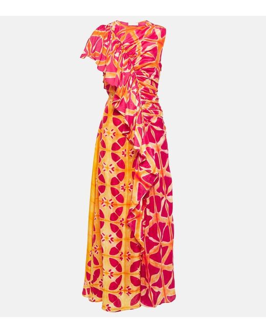 Ulla Johnson Red Lali Ruched Ruffled Printed Silk Gown