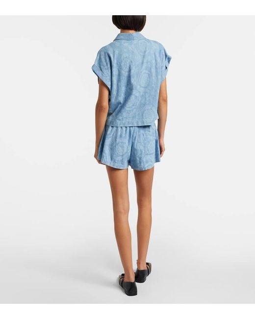 Versace Blue Barocco Cropped Denim Chambray Shirt