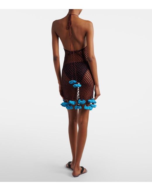 Alaïa Blue Floral-Applique Open-Knit Cotton Minidress