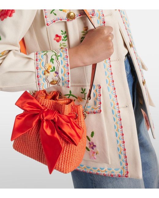 Jimmy Choo Orange Bon Bon Bow-Detail Raffia Bucket Bag