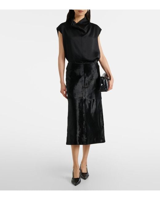 Totême Black Paneled Calf Hair Midi Skirt