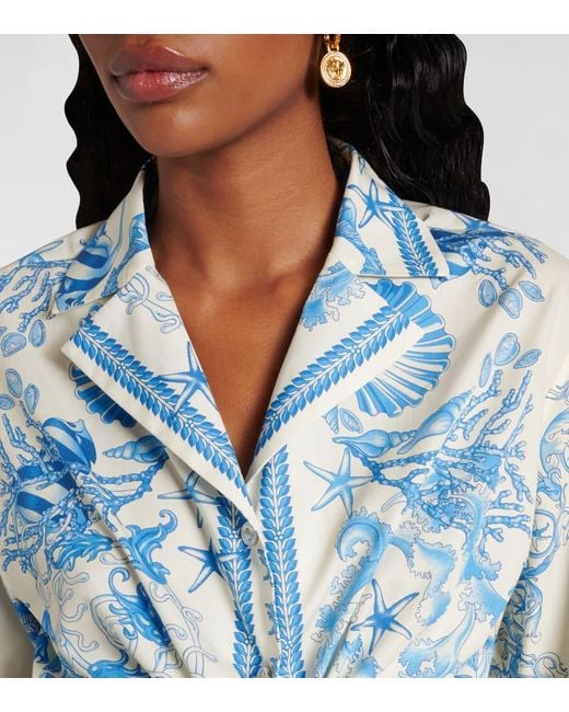 Versace Blue Informal Shirt Underwater Barocco Bicolour Foulard On Cotton Poplin