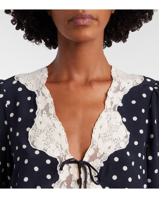 Rixo Blue Ursula Polka-Dot Crepe De Chine Top