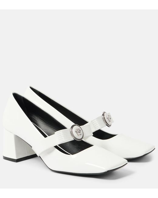 Versace White Gianni Ribbon 55 Patent Leather Mary Jane Pumps