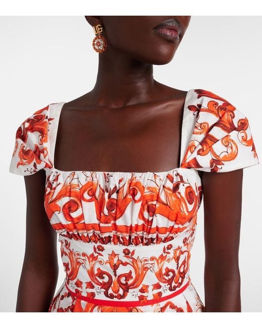 Dolce & Gabbana Red Majolica Printed Cotton Poplin Midi Dress